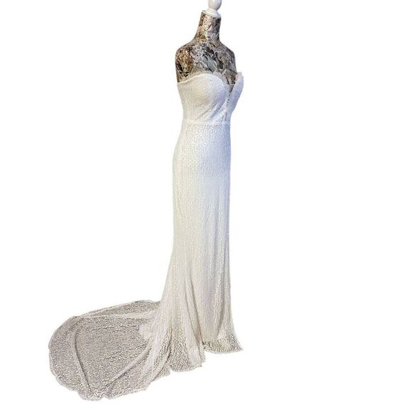 Formal Dress White Sparkle Sequin Mermaid Sweetheart Split Long Maxi Gown Train - Picture 5 of 11